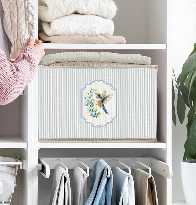 FDHSPAAM Blue Floral Hummingbird Storage Bins Box with Handles, Cottagecore Wildflower Bird Collapsible Fabric Storage Basket Box Organizer for Bedroom Bathroom Clothes Toys Books