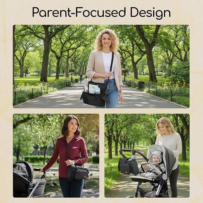 Universal Stroller Organizer Bag with 2 Insulated Cup Holder, Durable Detachable Phone Bag and Shoulder Strap – Fits for Pet Stroller Caddy, Uppababy, Baby Jogger, Britax, Doona, Nuna