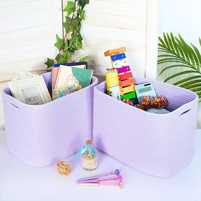 MINTWOOD Design 3-Pack Storage Baskets and Cube Bins for Shelves, Playroom and Classroom, Decorative Woven Closet Organizers for Books, Shoes, and Pantry Items, Lavender Purple