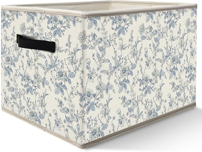 FDHSPAAM Blue and White Chinoiserie Storage Bins Box with Handles, Grandmillennial Flower Plant Botanical Collapsible Fabric Storage Basket Box Organizer for Bedroom Bathroom Clothes Toys Books