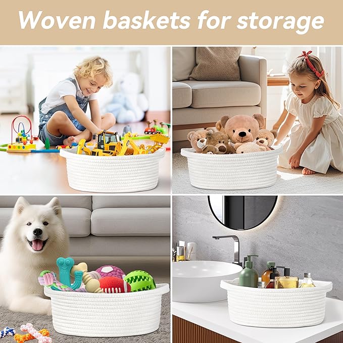 Pro Goleem Small Woven Basket with Gift Bags and Ribbons Durable Baskets for Graduation Gifts Empty Small Rope Basket for Storage 12"X 8" X 5" Baby Toy Baskets with Handles, White