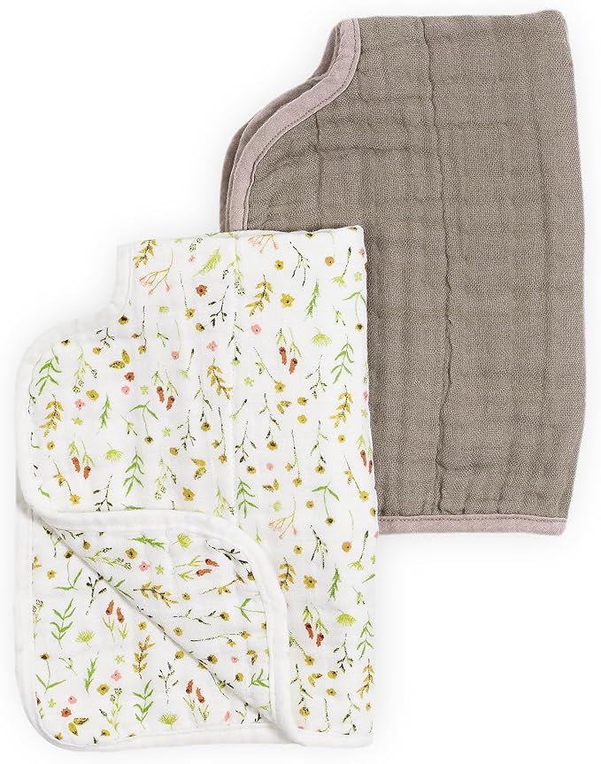 Little Unicorn 100% Natural Organic Cotton Burp Cloth 2 Pack | Ultra-Absorbent & Soft Muslin Fabric | Larger Size & Ergonomic Design (Floral Field + Driftwood)