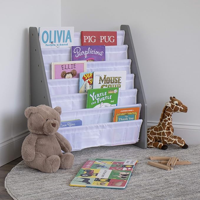 Humble Crew Kids Bookshelf 6-Tier Book Rack Organizer, Extra Large Toddler Bookcase with Fabric Storage Pockets, Front-Facing Display for Children’s Books, Grey/White, Nursery & Playroom Storage