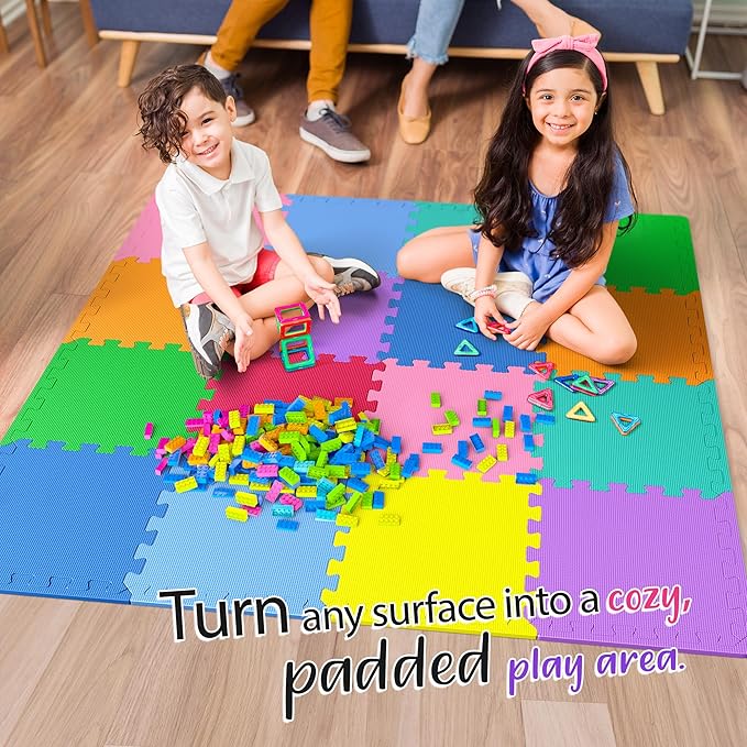 16 Tiles with Borders | 12" x 12" Baby Play Mat Foam Puzzle Floor Tiles | Non-Toxic Soft Waterproof Interlocking EVA Playmat for Nursery Playroom Playpen Toddler Tummy Mat