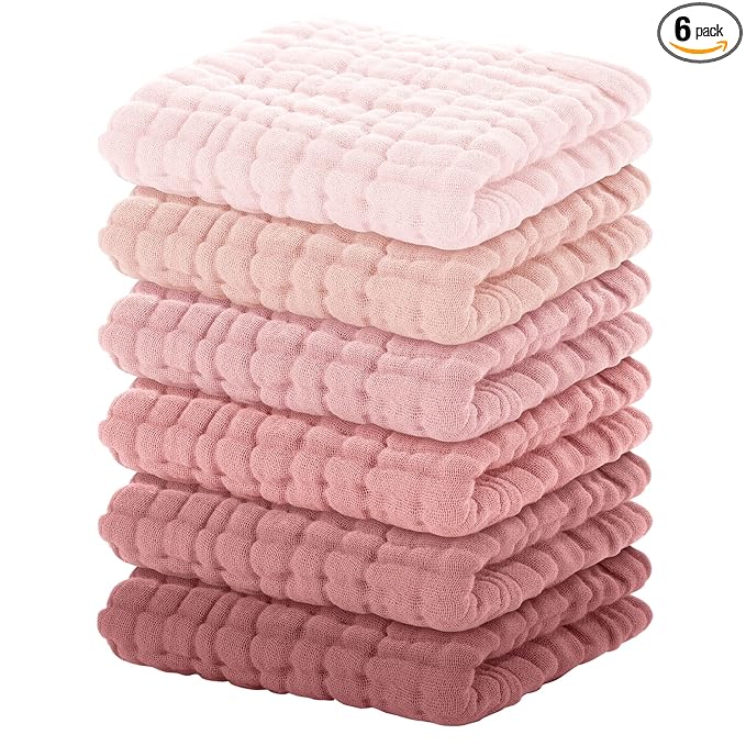 Yoofoss Muslin Baby Washcloths 100% Organic Cotton Face Towels 6 Pack Wash Cloths for Baby 12x12in Soft and Absorbent Baby Wipes (Gradient Pink)