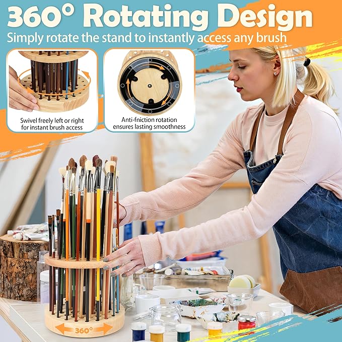 52 Holes Paint Brush Holder, 360° Rotating Paint Brush Organizer, Hardwood Storage Stand Rack for Artists Brushes, Crafts Tools, Makeup Brush, Calligraphy Pens