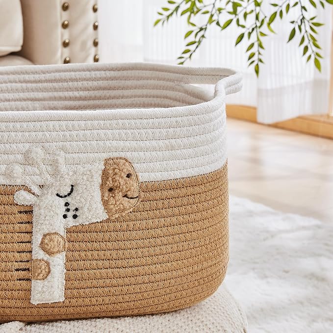 BUBUSUN Storage Bins Woven Baskets for Storage Set of 3, Cotton Rope Basket with Handles for Toys/Shelves/Laundry, Rectangle Multi-Purpose Organizer for Living Room, Bedroom, Nursery (Giraffe)