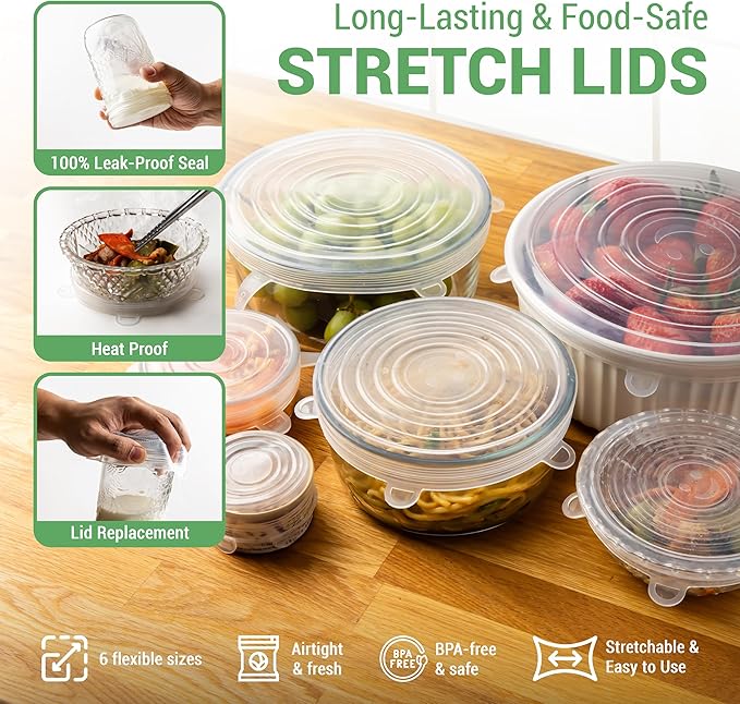 6 PCS Reusable Silicone Stretch Lids for Food Storage- Leakproof, Heat-Resistant Replacement Lids for Bowls, Cans, Cups and Glass Containers
