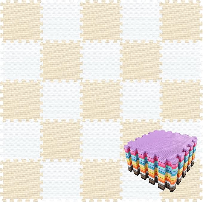 qqpp EVA Rubber 18 Tiles Interlocking Puzzle Foam Floor Mats - Baby Play Mat for Playing | Exercise Mat for Home Workout. White, Beige. QC-AJb18N