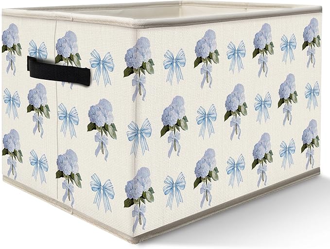 FDHSPAAM Coquette Blue Bow Hydrangea Floral Storage Bins Box with Handles, Cottagecore Floral Collapsible Fabric Storage Basket Box Organizer for Girls Nursery Bedroom Bathroom Clothes Toys Books