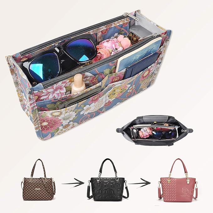 Vercord Patterned Purse Handbag Tote Pocketbook Bag Organizer Insert with Zipper Handle for Women Medium Happy Flower