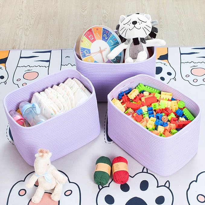 MINTWOOD Design 3-Pack Storage Baskets and Cube Bins for Shelves, Playroom and Classroom, Decorative Woven Closet Organizers for Books, Shoes, and Pantry Items, Lavender Purple