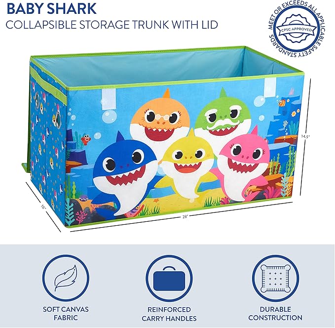Baby Shark Collapsible Toy Storage Trunk with Lid, Durable Kids Organizer for Bedroom & Playroom