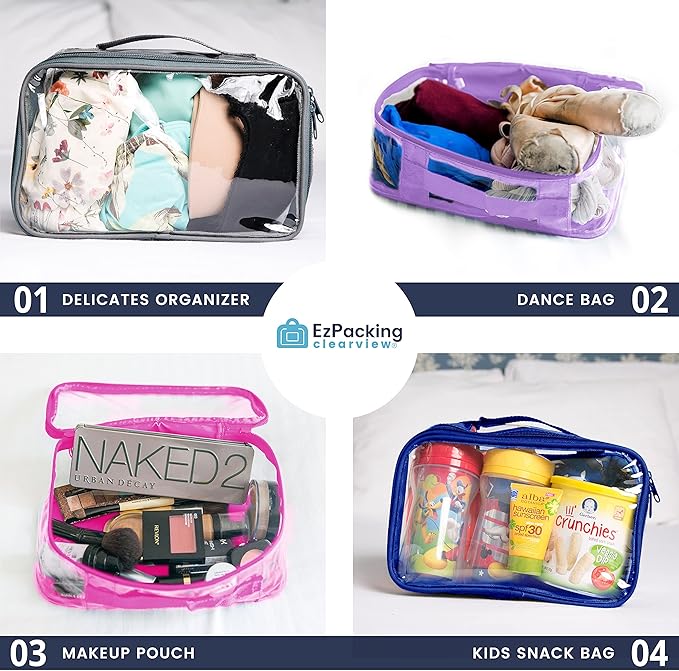 Small Clear Travel Packing Cube/See Through PVC Plastic Pouch for Carry On Suitcase, Backpack or Diaper Bag/Transparent Multipurpose Accessories, Makeup & Underwear Organizer w/Handle (Purple)
