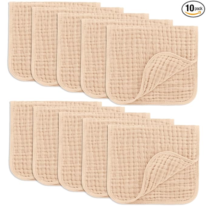 Comfy Cubs Muslin Burp Cloths 20" x 10", Pack of 10 - Large, 6-Layer, Ultra Absorbent 100% Cotton for Baby Drool and Messes - Soft, Safe & Gentle Baby Burp Cloths for Boys & Girls - Cream