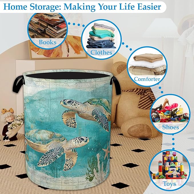 Sea Turtle Laundry Basket Collapsible Laundry Hamper Clothes Toy Storage Bin for Bathroom Bedroom Room Decor 16" X 20.8"