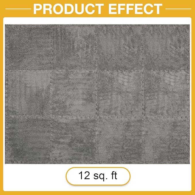 12 Pcs Plush Interlocking Carpet Tiles, Non-Toxic Shaggy Foam Carpet Tiles for Toddler Baby, Anti-Slip, EVA Foam Interlocking Tiles for Floor, Nursery, Playroom, Grey
