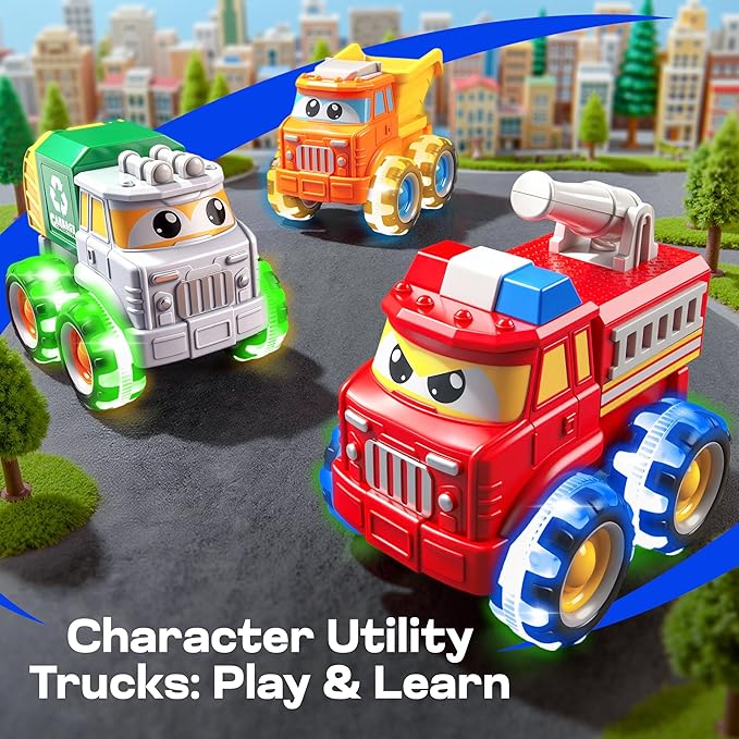Vroomix Jova GlowRover 3 Pack Monster Truck Toys, City Utility Cars with LED Light Up Wheels, Friction Powered Cars for Toddlers Boys Girls Age 18 Month and Up, Birthday Gifts for Christmas