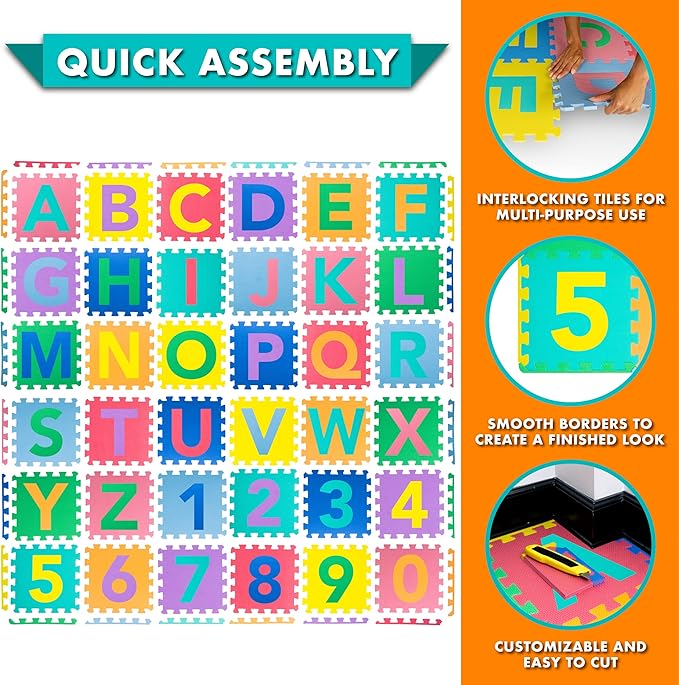 ProSource Kids Puzzle Alphabet & Numbers & Shapes Foam Play Mat 36 Tiles, 12"x12" and 24 Borders