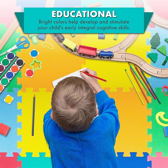 ProSource Baby Play Mat, Soft Foam Floor Tiles for Kids, Interlocking EVA Panels for Playpen Use, Crawling Development Surface, Safe Non-Toxic Toddler Flooring, 72 Tiles, Multicolor