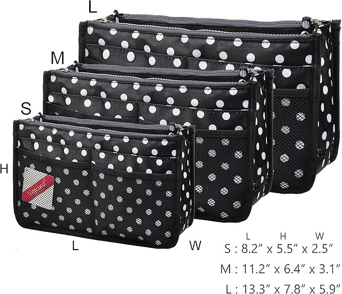 Vercord Updated Purse Handbag Organizer Insert Liner Bag in Bag 13 Pockets Black Dot Large