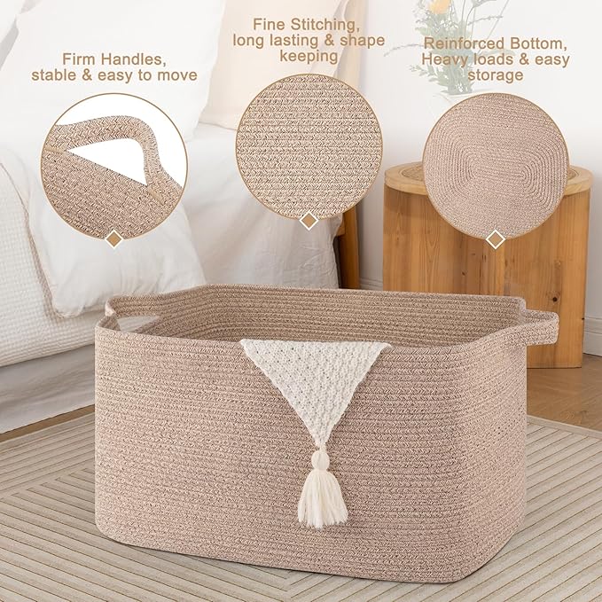 SIXDOVE 95L Large Storage Basket, Cotton Rope Woven Blanket Basket, Toy Storage for Baby Room, Living Room, 24" x 16.9" x 14.2", Brown