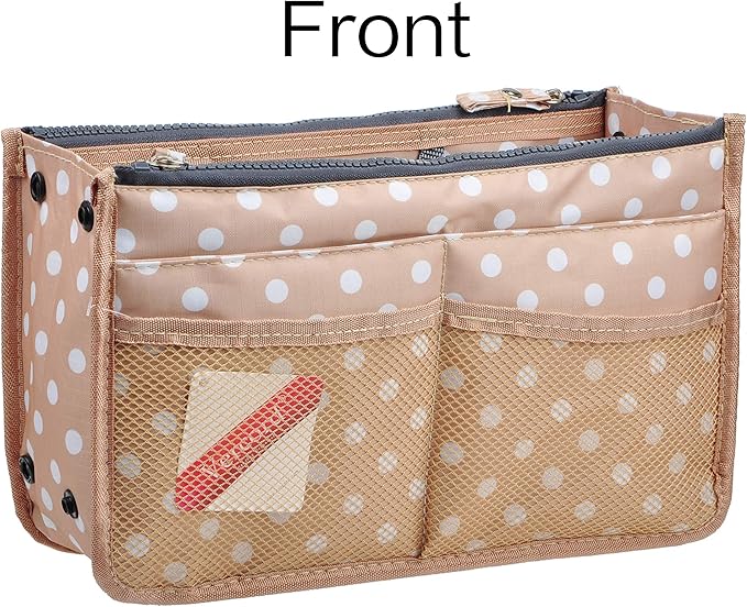 Vercord Updated Purse Handbag Organizer Insert Liner Bag in Bag 13 Pockets Beige Dot Large