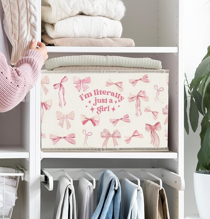 FDHSPAAM Coquette Preppy Pink Bow Storage Bins Box with Handles, I'm Iiterally Just a Girl Collapsible Fabric Storage Basket Box Organizer for Girls Dorm Bedroom Bathroom Clothes Toys Books