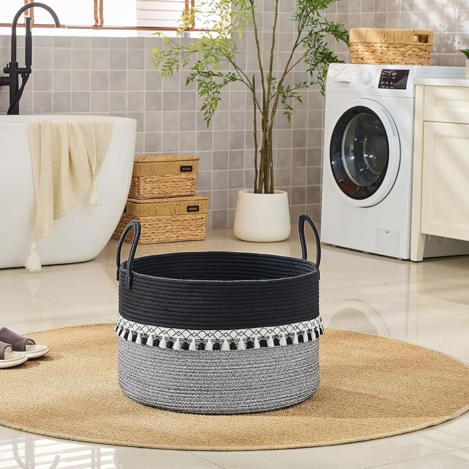 KAKAMAY Cotton Rope Storage Basket (20"x13"),Woven Hamper for Blankets,Toys,Pillows,Clothes,Laundry,Sturdy Handles Decorative Basket for Living Room, Bedroom,Nursery(Black Printing)