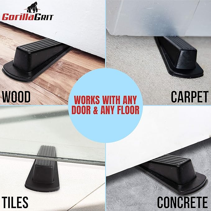 Rubber Door Stoppers - Door Stop Wedge, Large Heavy Duty Flexible Door Holder - Black 4 Pack - Non Marking Anti Slip Jammer