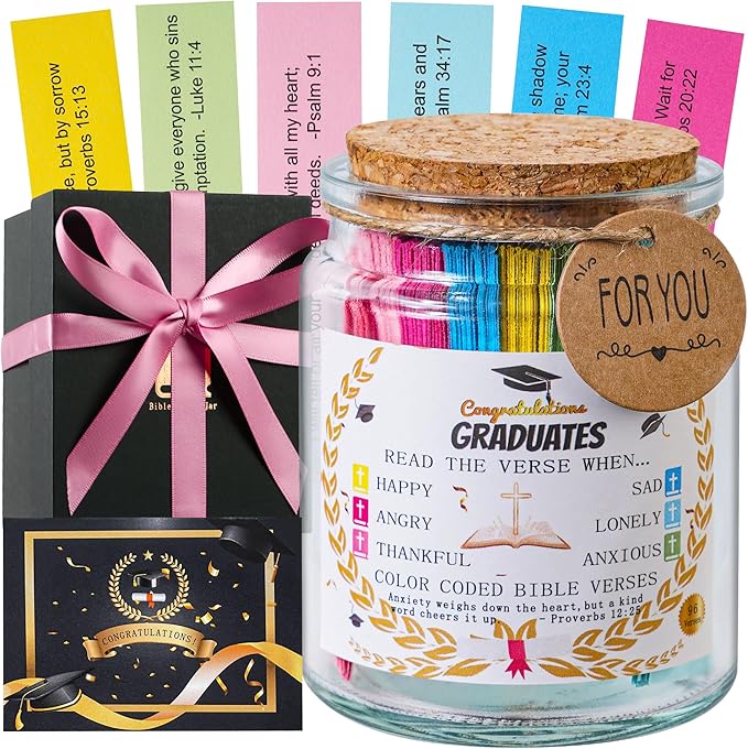 Bible Verse Jar, Christian Gifts For Women,Teacher Gift, High School, College Graduation Gift for Her, Him, Inspirational Bible Jar Comes With Greeting Card & 48-inch Ribbon Bow