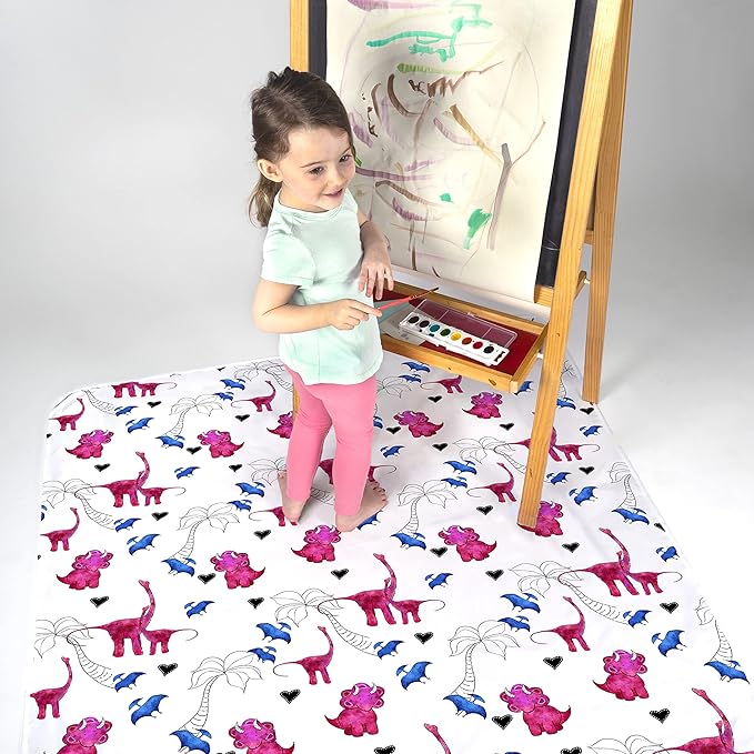 JumpOff Jo - Large Baby Splat Mat for Under High Chair, Booster Seat, Tabletop, Food Catcher - Protect Floor and Carpet from Spills & Crafts - Waterproof and Washable (Pink Dinosaur)