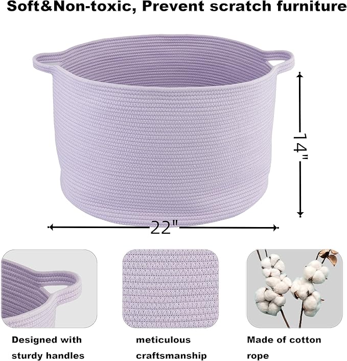 XUANGUO Large Cotton Rope Basket Blankets Basket Living Room 22"x14" Toy Basket for Kids Rope Storage Basket for Nursery Woven Laundry Basket for Clothes Baby Toy Storage round purple or Lavendor