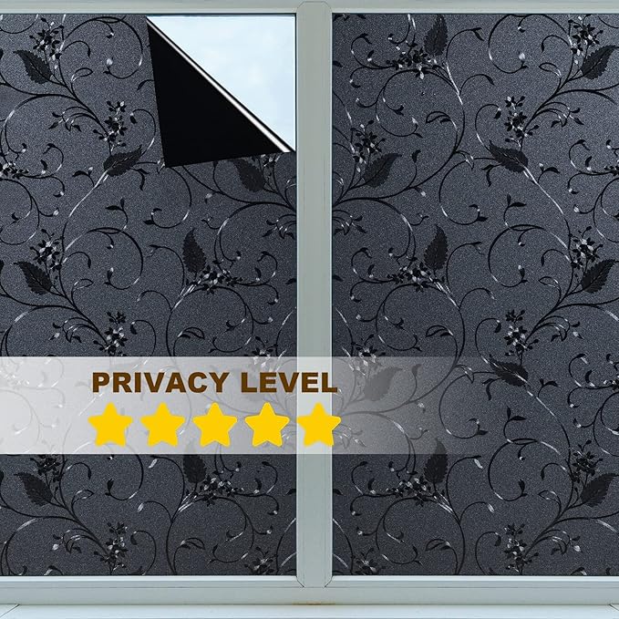 Niviy Blackout Window Privacy Film Non-Adhesive Privacy Film Total Black Out Window Cover Bathroom Door Glass Decoration Static Cling Covering (Black, 17.7"x 78.7")
