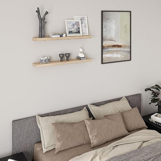 Ballucci Floating Shelves, 36" Wood Wall Shelf Set of 2, with Invisible Brackets for Bathroom, Living Room, Bedroom, Kitchen, Nursery, 6" Deep, Oak Finish