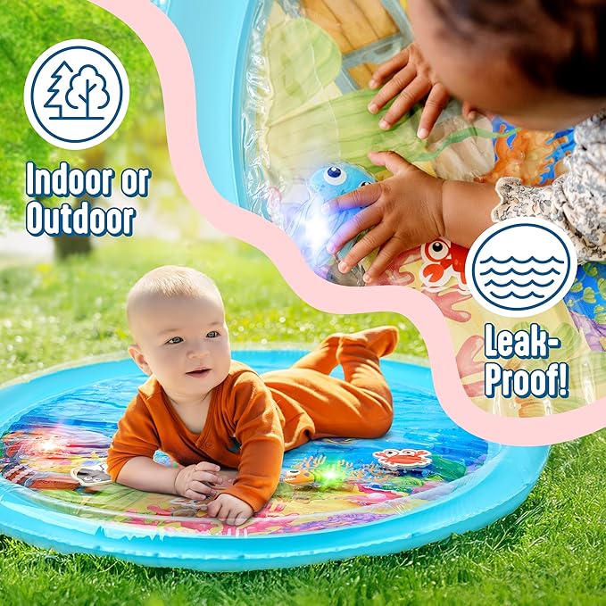 SplashEZ Lights Up Tummy Time Water Mat for Babies, 30" X-Large Baby Water Mat Tummy Time for Sensory Play with LED Glowing Fishes, Inflatable Fun Play Pad for Infants & Toddlers 3 to 36 mo