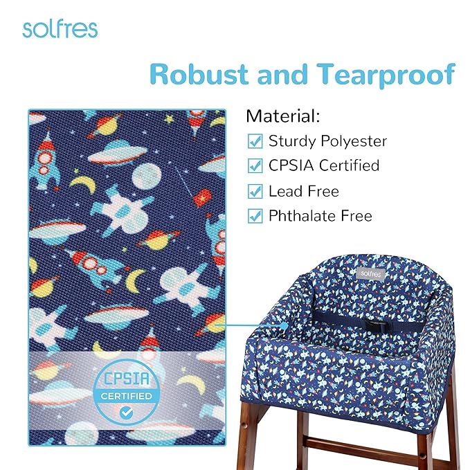 Dual-Belt High Chair Cover, Baby High Chair Cover, Upgrade Version, for Wooden or Restaurant High Chair, Sturdy and Robust Material, Blue Space