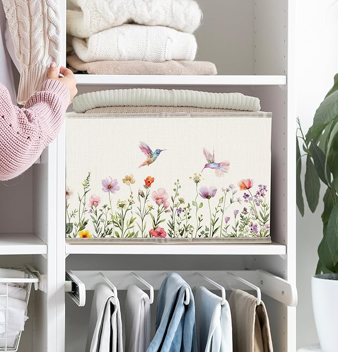 FDHSPAAM Rustic Wildflower Hummingbird Storage Bins Box with Handles, Cottagecore Botanical Floral Bird Collapsible Fabric Storage Basket Box Organizer for Bedroom Bathroom Clothes Toys Books