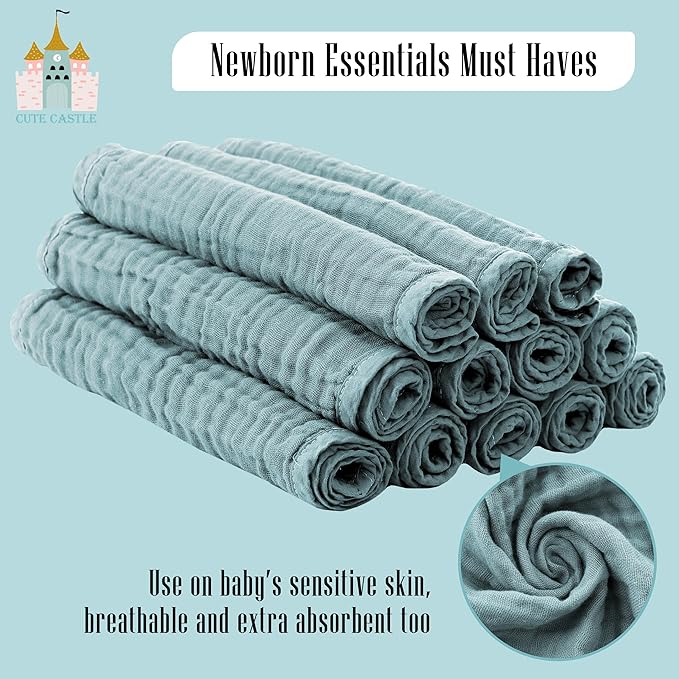 Cute Castle 24 Pack Muslin Burp Cloths for Baby - Ultra-Soft 100% Cotton Baby Washcloths - Large 20'' by 10'' Super Absorbent Milk Spit Up Rags - Burpy Cloths for Unisex, Boy, Girl -Dark Green