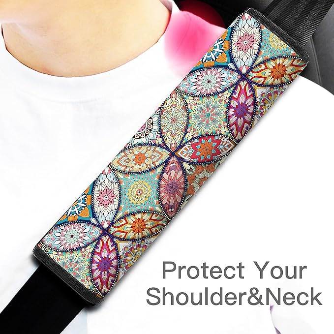 Mokiwala Car Seat Belt Pad Cover, 2-Pack Soft Car Safety Seat Belt Strap Shoulder Pad for Adults and Children, Suitable for Car Seat Belt, Backpack, Shoulder Bag (Pretty Mandala)