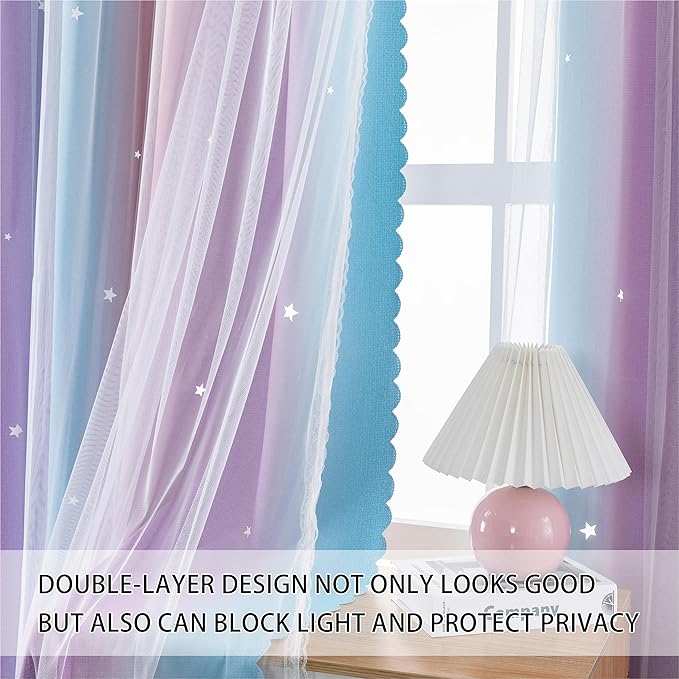 XiDi Dream Star Blackout Curtains for Kids Rooms Girl Princess Curtain for Daughter Bedroom Window (Pink Purple, W52 X L96)