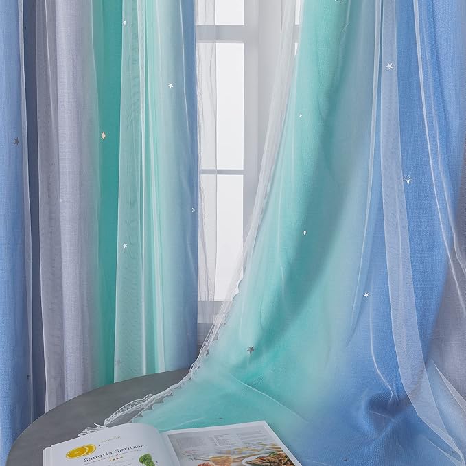 XiDi Curtains for Bedroom Decor, Rainbow BluGrenGrey-34-45
