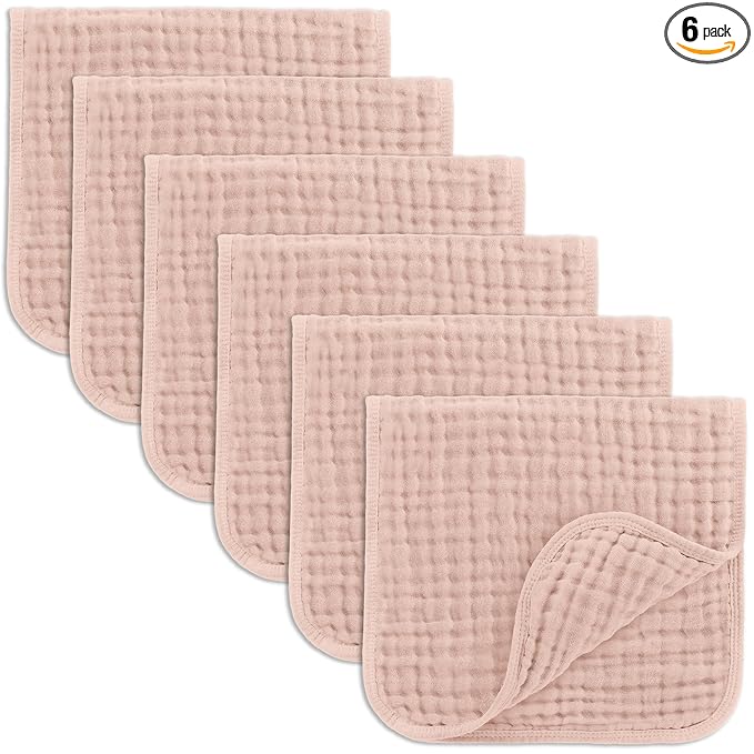 Comfy Cubs Muslin Burp Cloths 20" x 10", Pack of 6 - Large, 6-Layer, Ultra Absorbent 100% Cotton for Baby Drool and Messes - Soft, Safe & Gentle Baby Burp Cloths Set for Boys & Girls - Blush