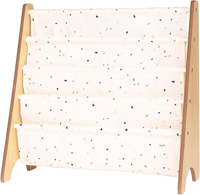 3 Sprouts Recycled Fabric Kids Bookshelf – 4-Tier Sling Book Rack Organizer - Nursery Room Playroom Classroom Wooden Book Shelves - Kid Bookcase Wood Storage Shelf for Toddler Age 3+ - Terrazzo Cream