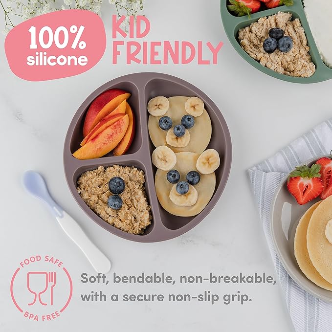 ChériKid Toddler Plates - FEATURES SUPER STRONG QUADRUPLE SUCTION - 100% Food Grade Silicone Baby Plates with Suction - Unbreakable Divided Kids Plates, Baby Essentials Dishes