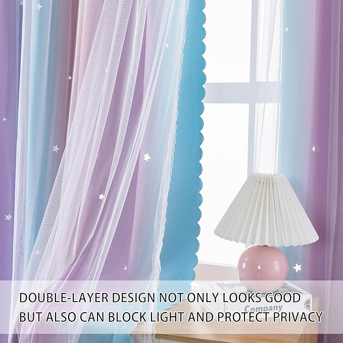 XiDi Blackout Curtains for Girls Bedroom Double Layer with Sheer Overlay Princess Rainbow Curtains for Kids Room Decor Pink Purple Star Short Window Living Room (42x54 Inches, 2 Panels)