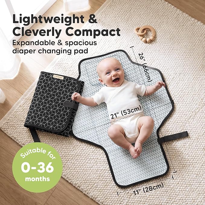 KeaBabies Portable Changing Pad for Baby, Travel – 26 x 21 Wipeable, Waterproof, Foldable Baby Diaper Changing Mat for Diaper Bag, Caddy, Car, Bed, Newborn, Compact Changer Mat Station (Black Geo)