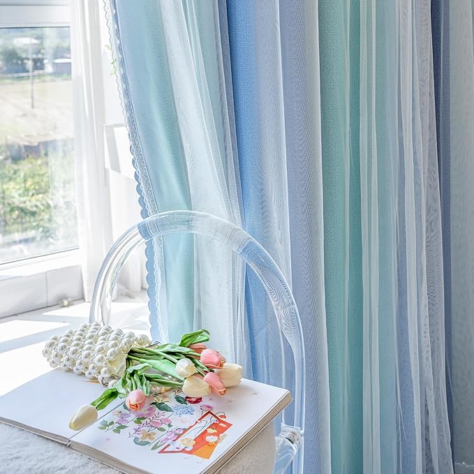 XiDi 100% Blackout Curtains for Girls Bedroom Living Room 96 Inch Length 2 Panels Kids Rainbow Blue Green Grey Mix & Match Double Layer Curtains with Sheer Overlay Grommet Window Drapes 52W x 96L