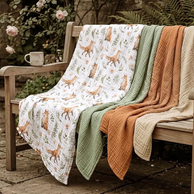 Muslin Swaddle Blankets for Newborn, 4 Pack Breathable Soft Receiving Blanket, Large 38 x 40 inches Swaddle Wrap Burping Clothes, Essentials Infant Shower Items, Toddler Gift (Forest Fox)