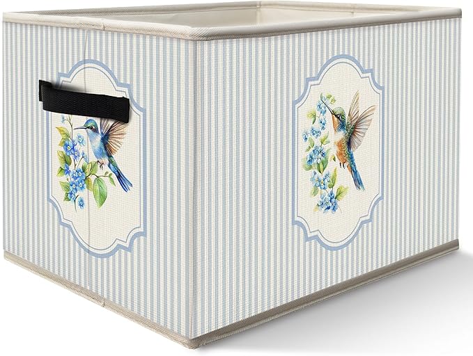 FDHSPAAM Blue Floral Hummingbird Storage Bins Box with Handles, Cottagecore Wildflower Bird Collapsible Fabric Storage Basket Box Organizer for Bedroom Bathroom Clothes Toys Books